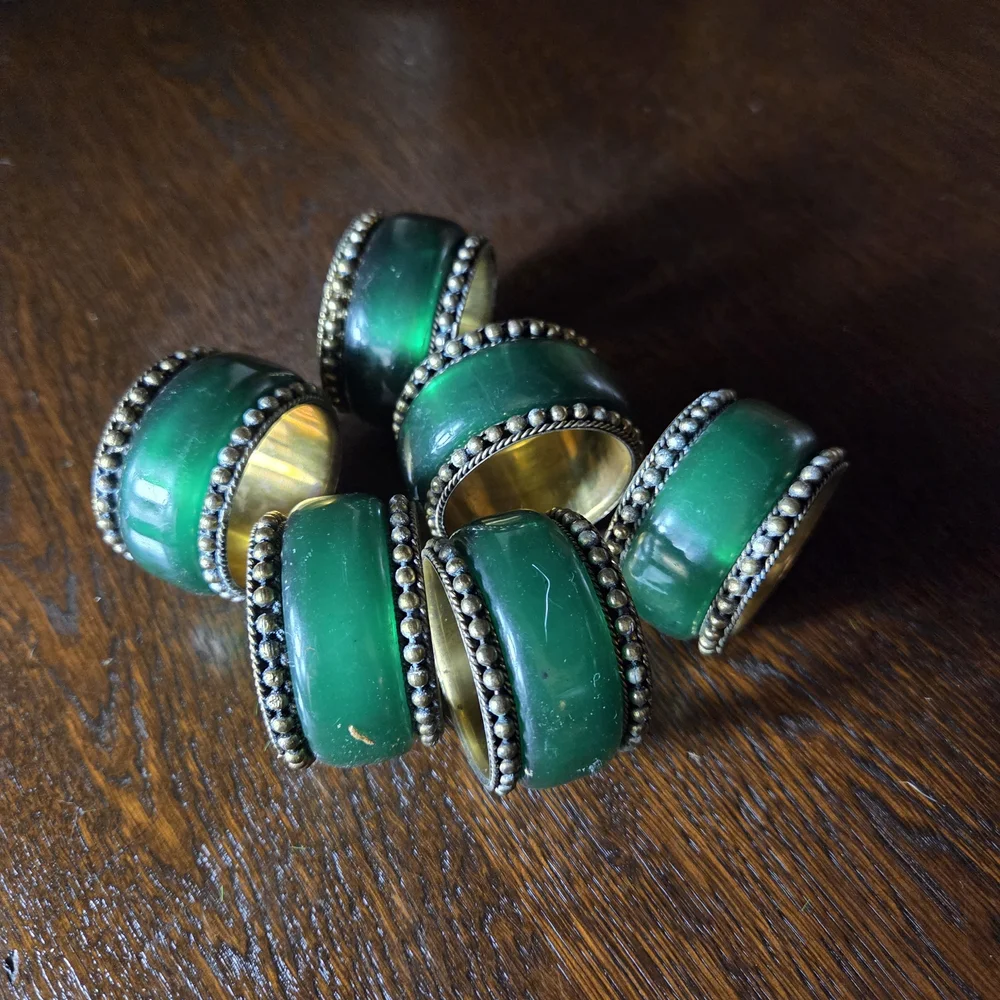 Emeraled Green and Brass Napkin Rings Set Of 6